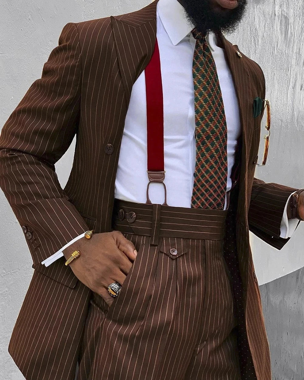 Costume homme 2 pièces à rayures marron, croisé, sur mesure, pour mariage, bal de promo, coupe slim, revers pointus, pantalon (veste + pantalon) 