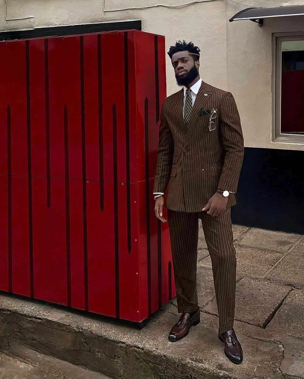 Costume homme 2 pièces à rayures marron, croisé, sur mesure, pour mariage, bal de promo, coupe slim, revers pointus, pantalon (veste + pantalon) 