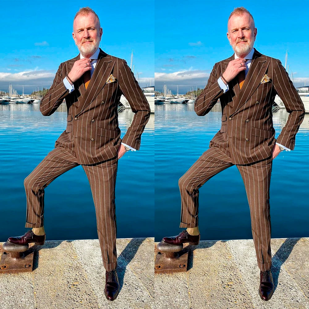 Esmoquin de boda a rayas marrones, talla grande, para hombre, traje de pantalón, para fiesta de graduación (chaqueta y pantalón)
