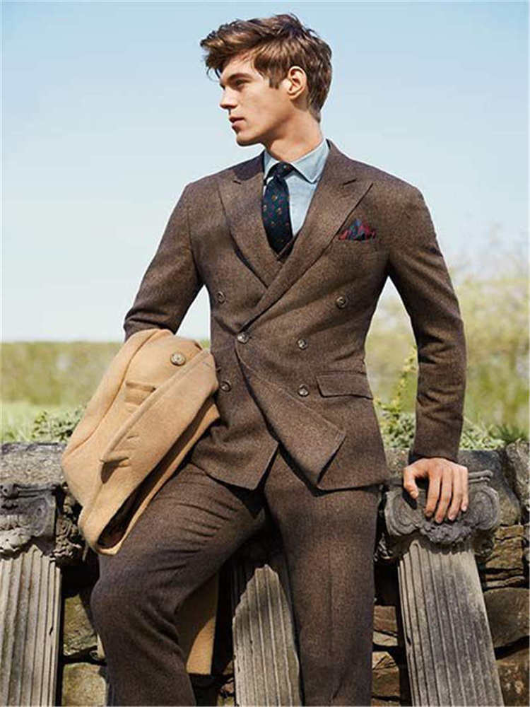 Brown Tweed Groom Wear Best Man Wear Tuxedos Wedding Dress Prom Dresses Business Suit 3Piece(Jacket+Pant+Vest)