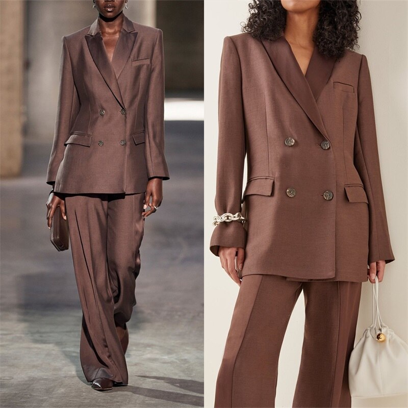 Trajes marrones para mujer, conjuntos de oficina, diseñador, cruzado, moda, alfombra roja, fiesta, graduación, celebridad, 2 piezas, blazer + pantalón, hecho a medida 