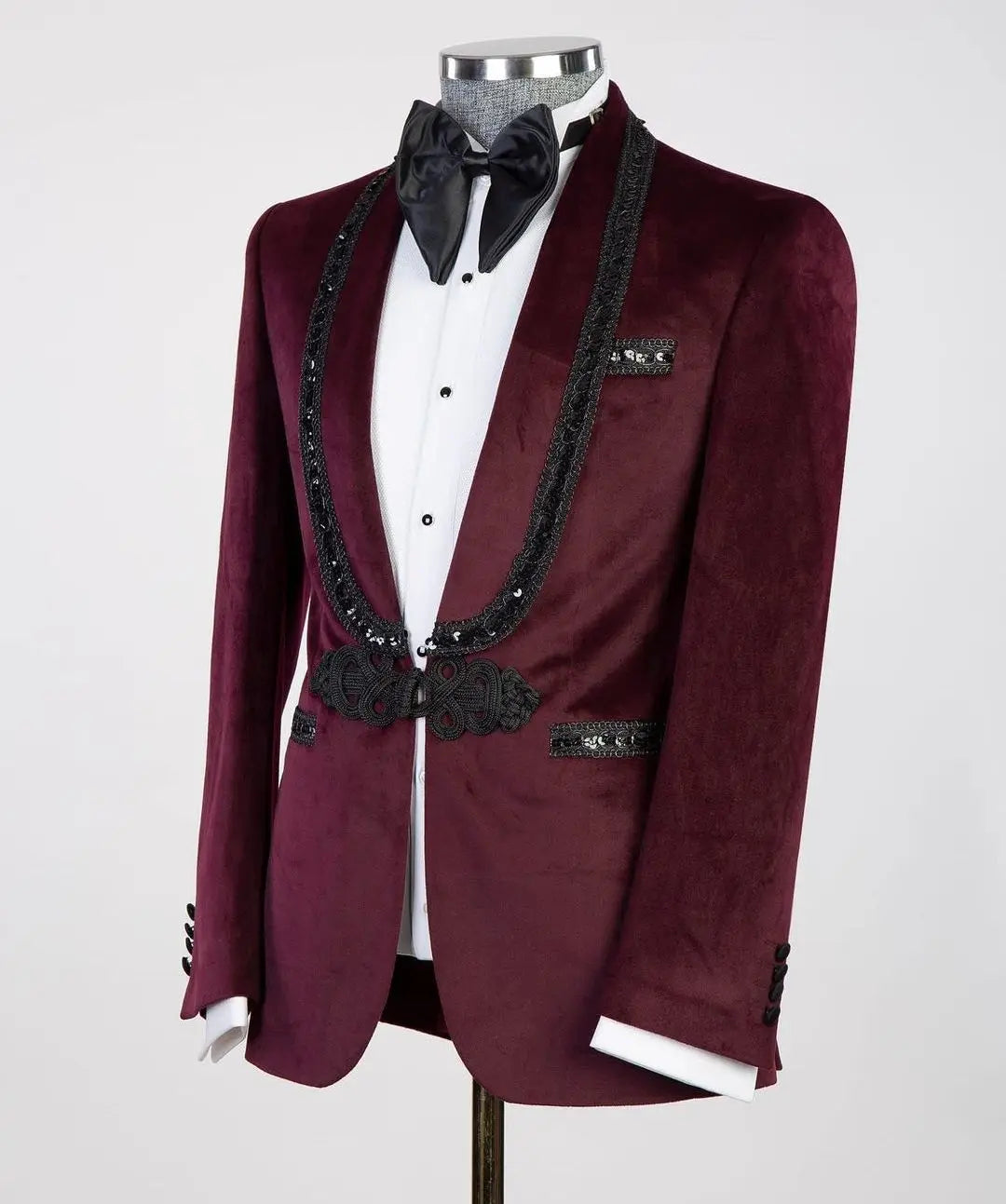 Costume 2 pièces bordeaux pour homme, blazer, pantalon noir, un bouton, nœud chinois, sans revers, formel, fête, mariage, marié, grande taille, sur mesure
