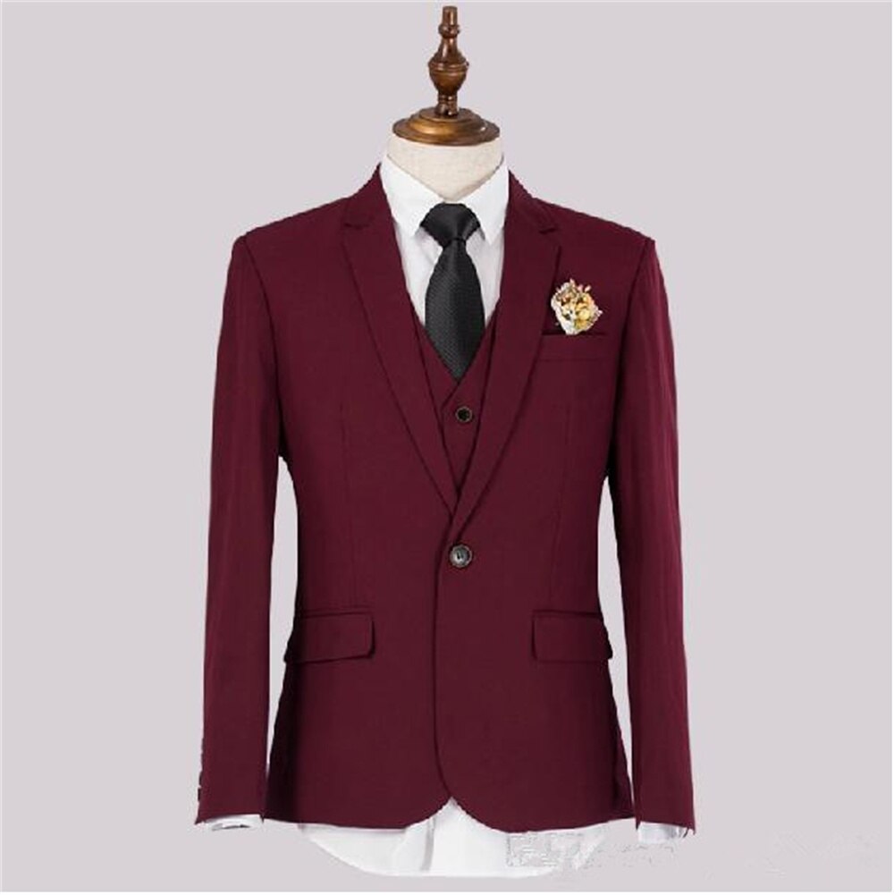 Burgundy Blazer Sets Wedding Suits Notched Lapel Slim Fitted 3 Pieces Groom Formal Clothing Tuxedo (Jacket+Pants+Vest+Tie)