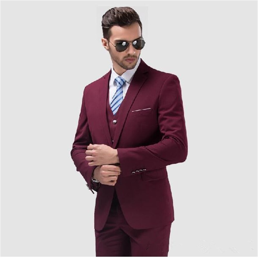 Burgundy Blazer Sets Wedding Suits Notched Lapel Slim Fitted 3 Pieces Groom Formal Clothing Tuxedo (Jacket+Pants+Vest+Tie)