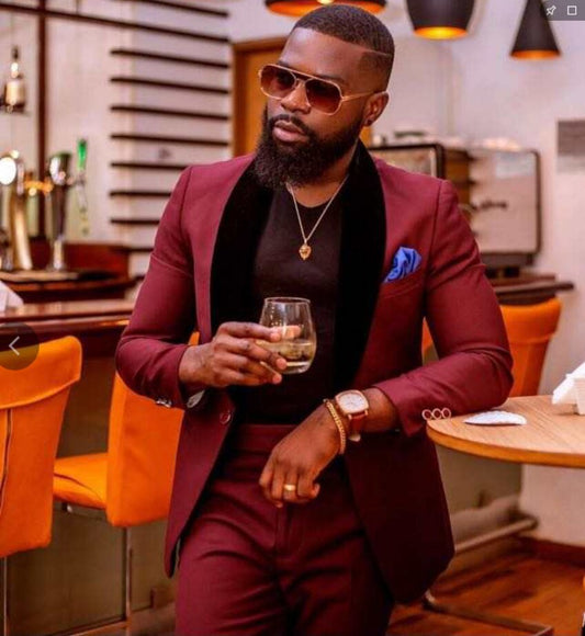 Burgundy Blazer Trousers Men Suits Velvet Shawl Lapel 2Pcs Costume Homme Wedding Men's Sets Groom Party Wear Clothes Jacket Pant