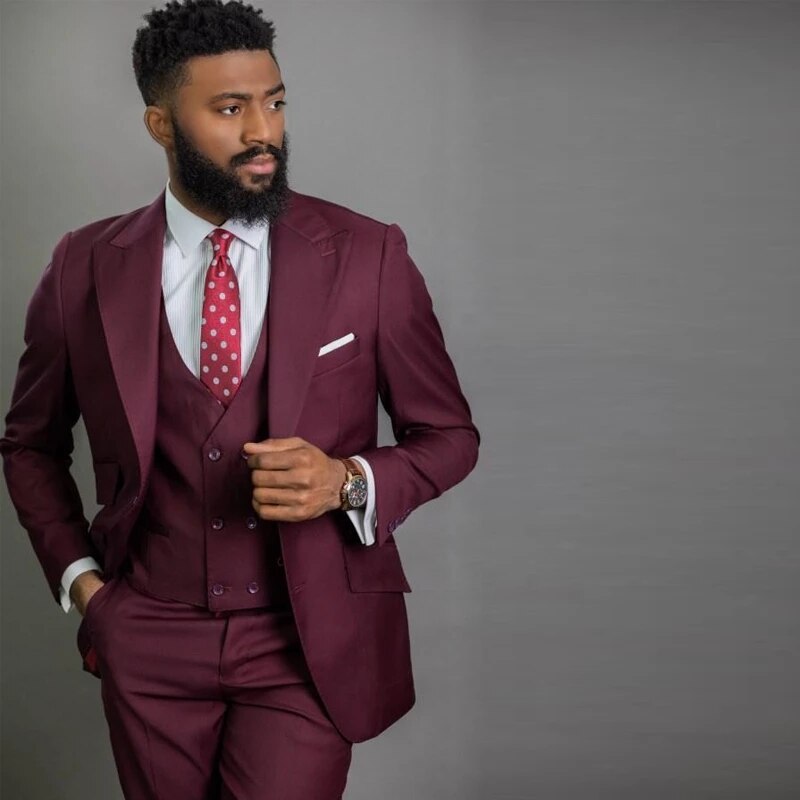 Costume bordeaux 3 pièces pour homme, smoking de mariage, coupe slim, revers en pointe (veste, pantalon, gilet) 