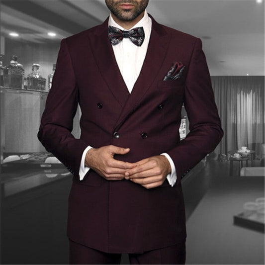 Burgundy Double Breasted Men Suit For Wedding 2Pieces(Jacket+Pant+Tie) Slim Fit Custom Made Blazer 564