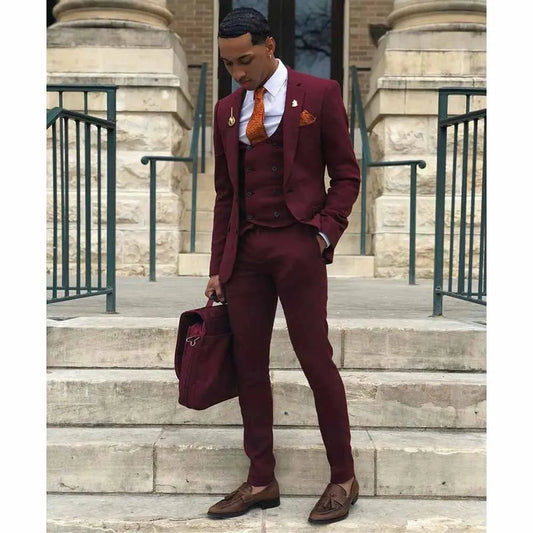 Burgundy Men Suits Luxury Blazer Single Breasted Notch Lapel Fahion 3 Piece Jacket Pants Vest Slim Fit Wedding Outfits Set