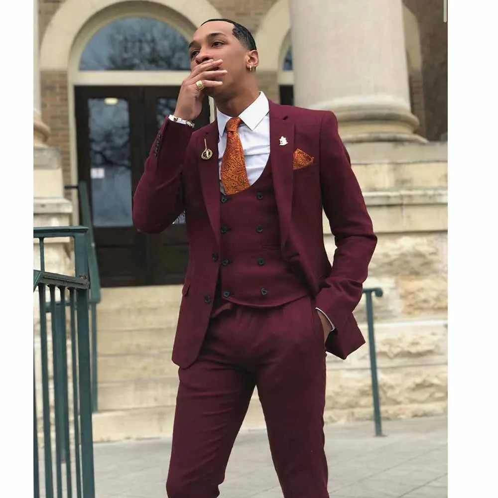 Burgundy Men Suits Luxury Blazer Single Breasted Notch Lapel Fahion 3 Piece Jacket Pants Vest Slim Fit Wedding Outfits Set