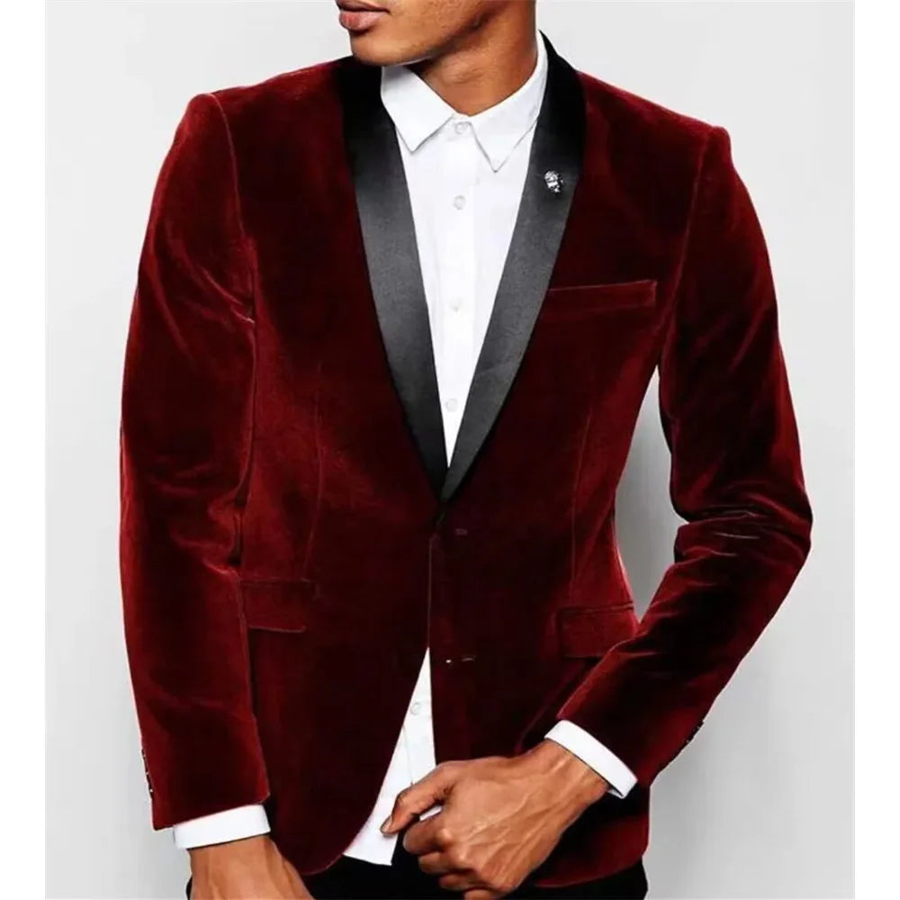 Blazer burdeos para hombre, chaqueta formal de terciopelo de una pieza, solapa chal negra, botonadura sencilla, corte entallado, abrigo para hombre, traje de fiesta de graduación
