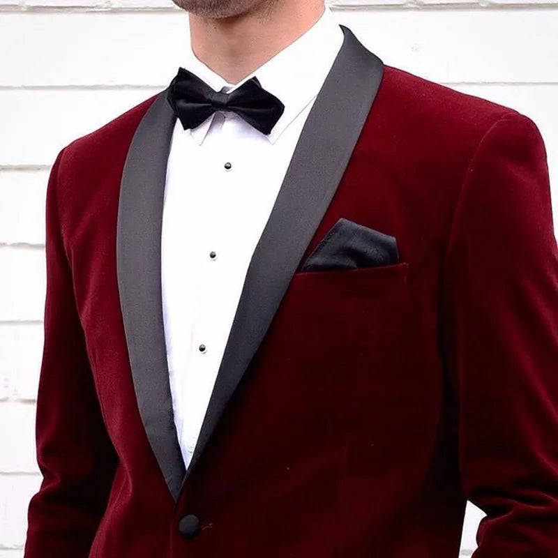 Blazer burdeos para hombre, chaqueta formal de terciopelo de una pieza, solapa chal negra, botonadura sencilla, corte entallado, abrigo para hombre, traje de fiesta de graduación