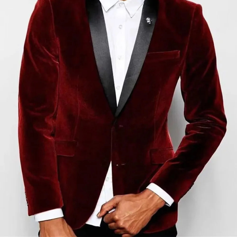 Blazer burdeos para hombre, chaqueta formal de terciopelo de una pieza, solapa chal negra, botonadura sencilla, corte entallado, abrigo para hombre, traje de fiesta de graduación