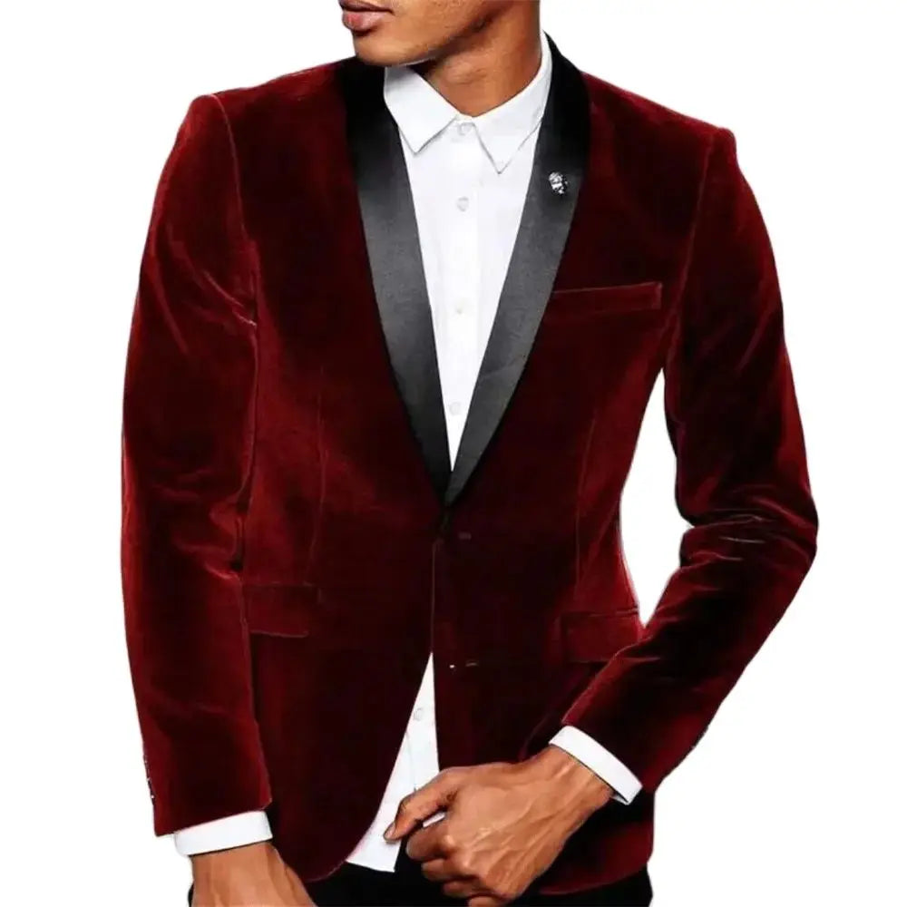 Blazer burdeos para hombre, chaqueta formal de terciopelo de una pieza, solapa chal negra, botonadura sencilla, corte entallado, abrigo para hombre, traje de fiesta de graduación