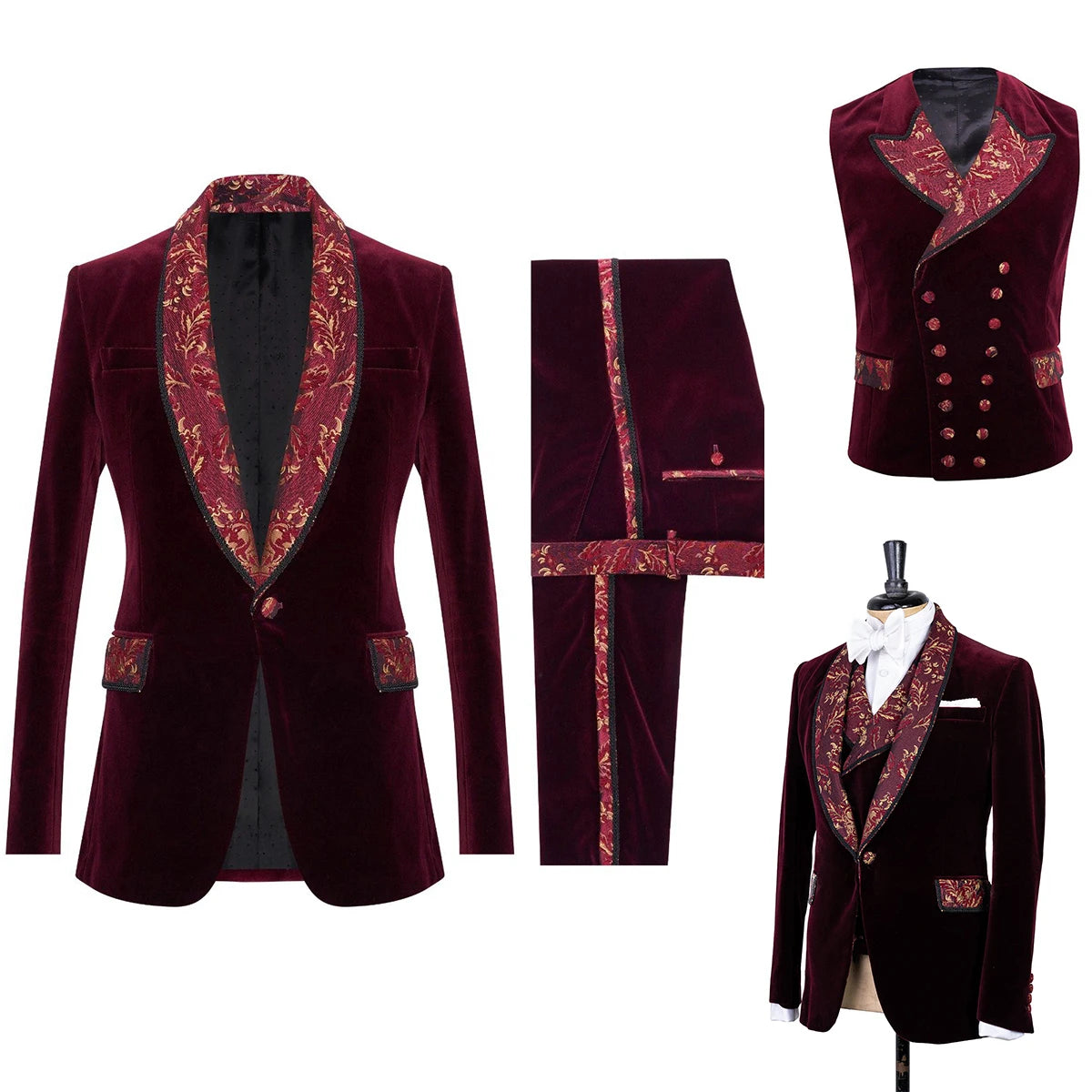 Burgundy Men's Suits Tailor-Made 3 Pieces Blazer Vest Pants One Button Jacquard Lapel Buttons Wedding Groom Tailored Plus Size