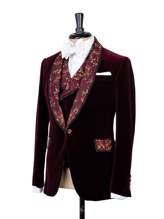 Burgundy Men's Suits Tailor-Made 3 Pieces Blazer Vest Pants One Button Jacquard Lapel Buttons Wedding Groom Tailored Plus Size