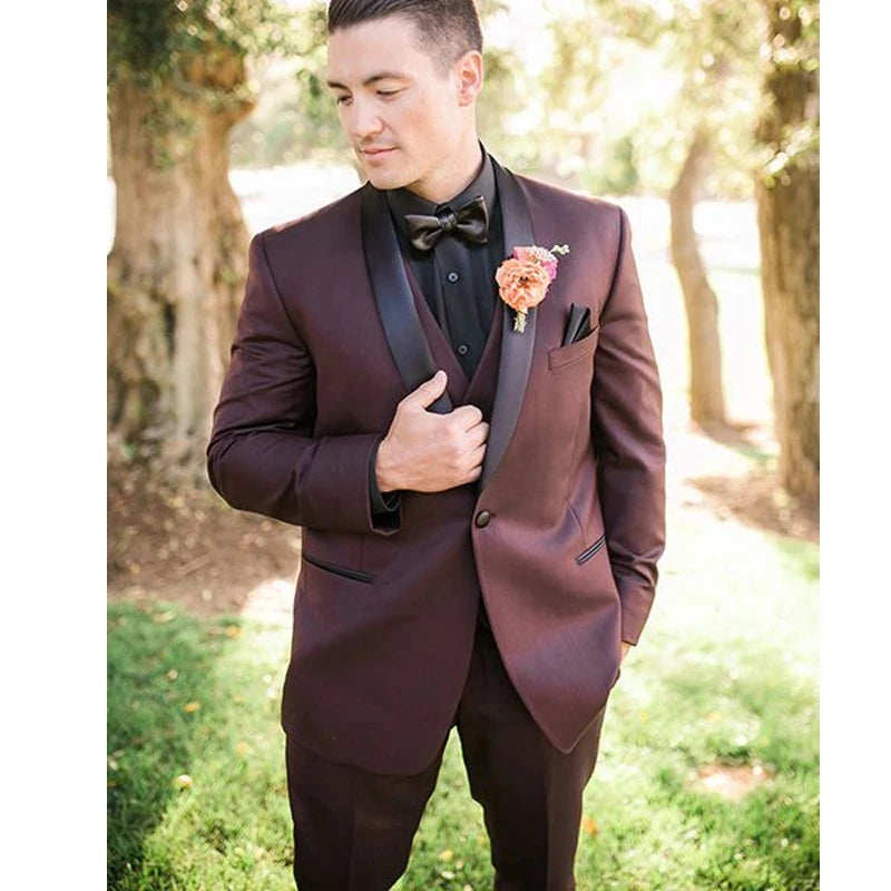 Costume 3 pièces bordeaux pour homme, noir, col châle, costume de mariage, de bal, de marié, coupe slim, smoking sur mesure, tenue d'affaires 