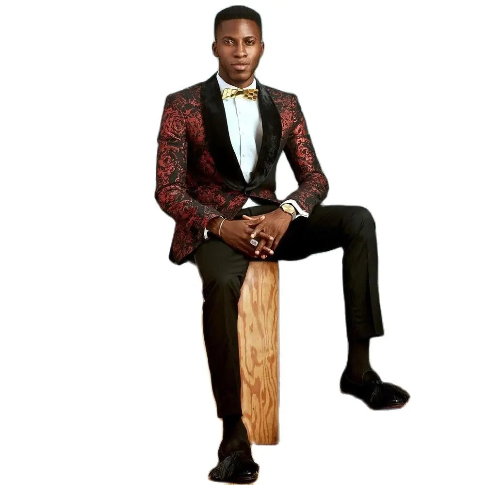 Costume homme bordeaux à motif, ensemble blazer à un bouton, coupe slim, veste et pantalon, revers châle, tenue de mariage