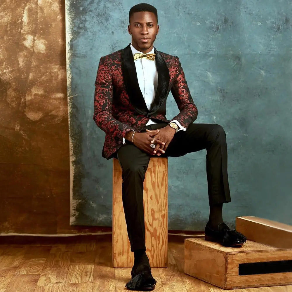 Costume homme bordeaux à motif, ensemble blazer à un bouton, coupe slim, veste et pantalon, revers châle, tenue de mariage