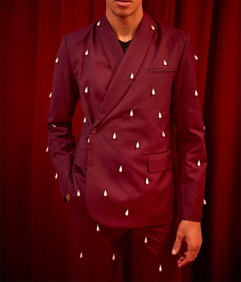 Ensemble de costumes pour hommes bordeaux avec perles, pour mariage, smoking, 2 pièces, blazer et pantalon, sur mesure, pour bureau, bal, soirée, veste et manteau 