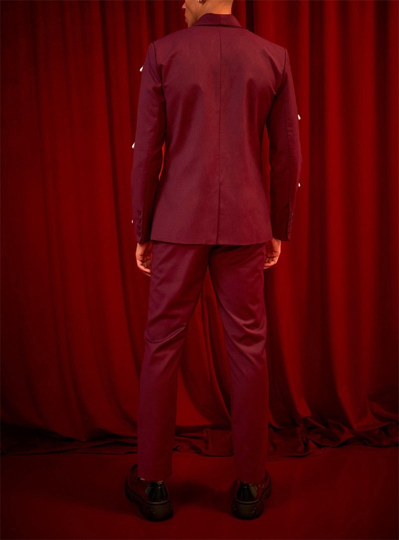 Ensemble de costumes pour hommes bordeaux avec perles, pour mariage, smoking, 2 pièces, blazer et pantalon, sur mesure, pour bureau, bal, soirée, veste et manteau 