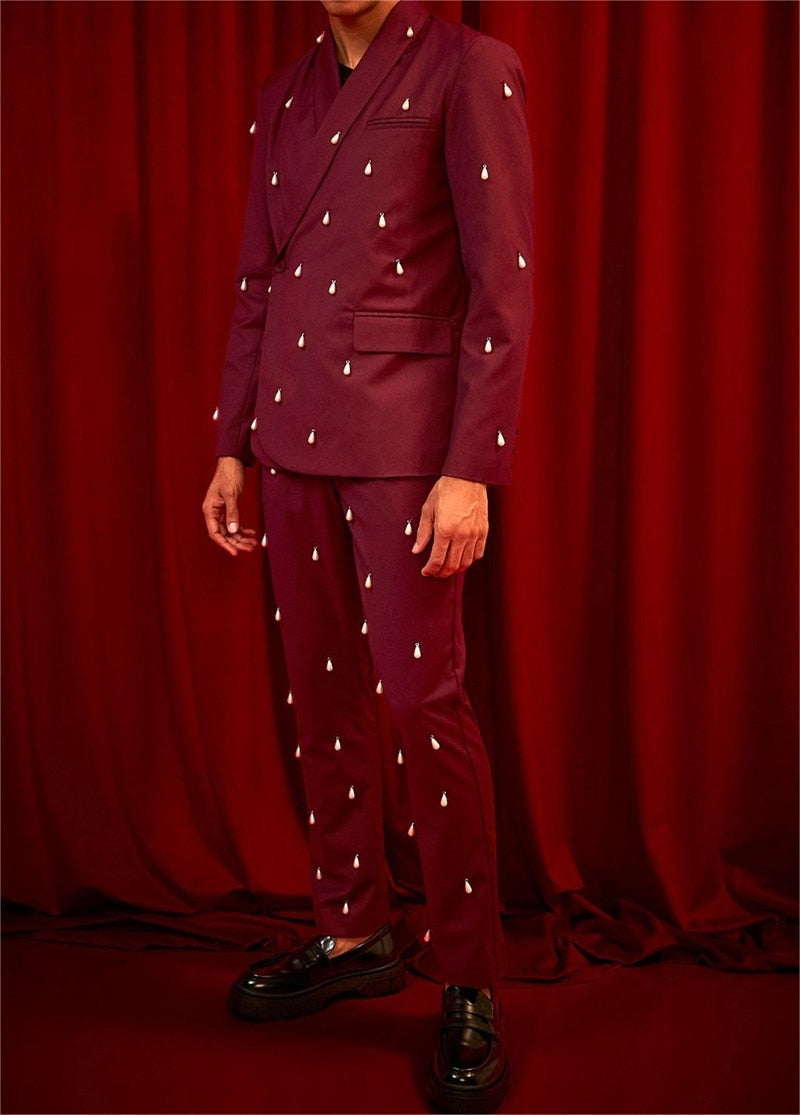 Ensemble de costumes pour hommes bordeaux avec perles, pour mariage, smoking, 2 pièces, blazer et pantalon, sur mesure, pour bureau, bal, soirée, veste et manteau 