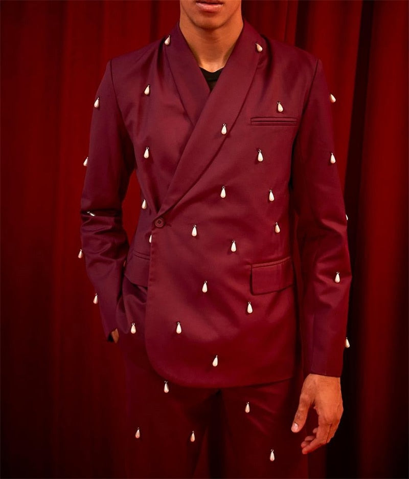Ensemble de costumes pour hommes bordeaux avec perles, pour mariage, smoking, 2 pièces, blazer et pantalon, sur mesure, pour bureau, bal, soirée, veste et manteau 