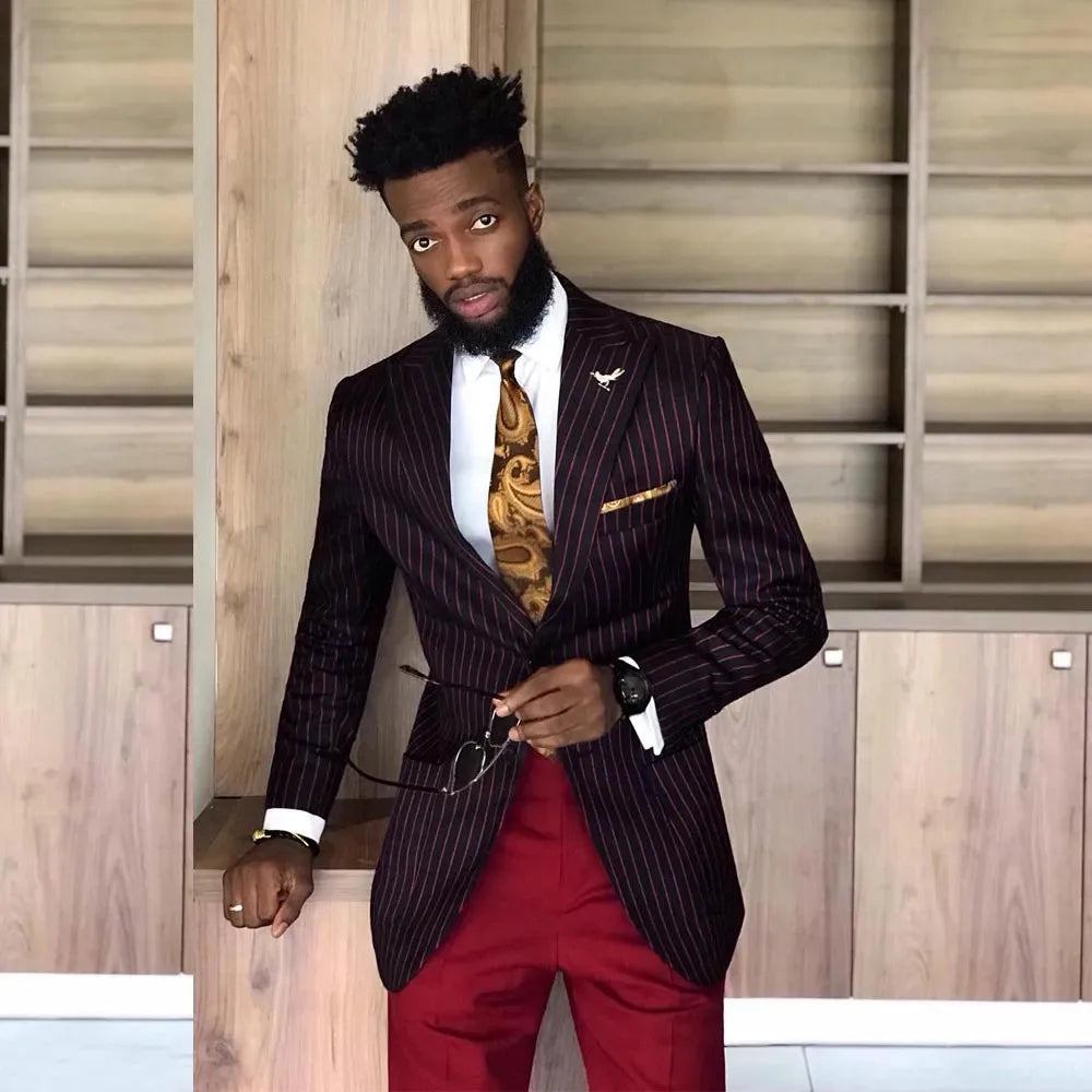 Costume homme bordeaux à rayures fines, 2 pièces, blazer, pantalon, un bouton, revers large, moderne, affaires, mariage, grande taille, sur mesure 