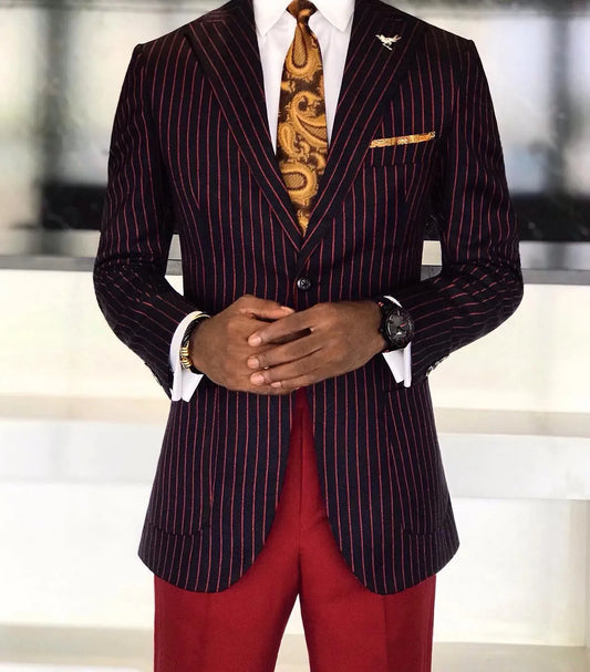 Burgundy Pinstripes Men Suits Tailor-Made 2 Pieces Blazer Pants One Button Wide Lapel Modern Business Wedding Plus Size Tailored