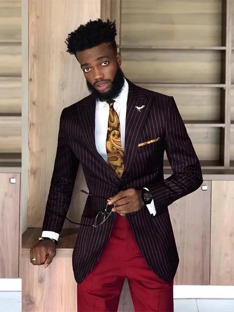 Costume homme bordeaux à rayures fines, 2 pièces, blazer, pantalon, un bouton, revers large, moderne, affaires, mariage, grande taille, sur mesure 