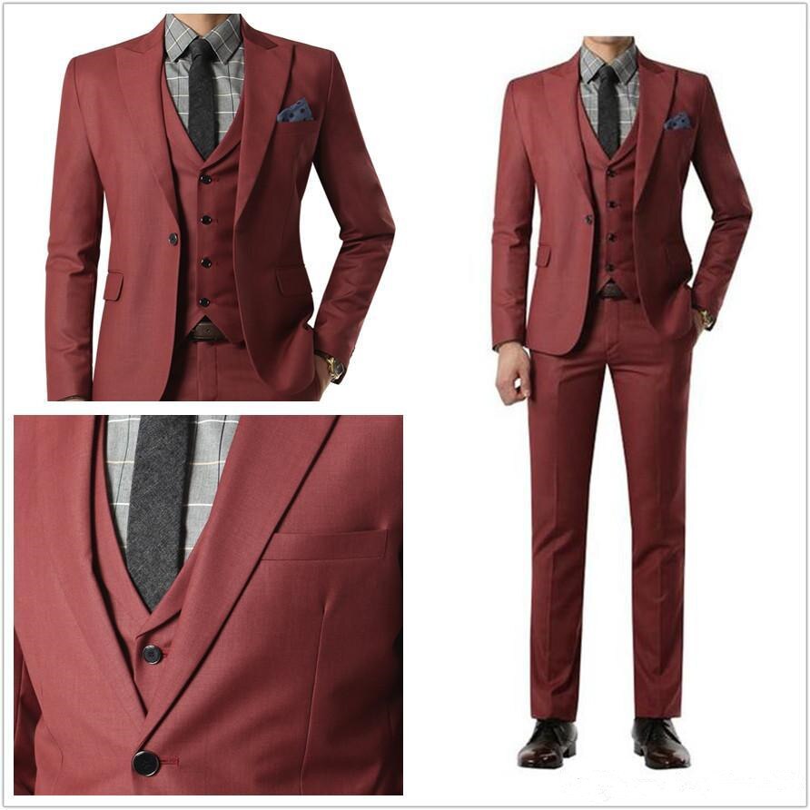 Traje burdeos entallado de un solo pecho para hombre, vestido de novio, frac para boda, esmoquin de novio, 3 piezas, ropa formal de negocios 