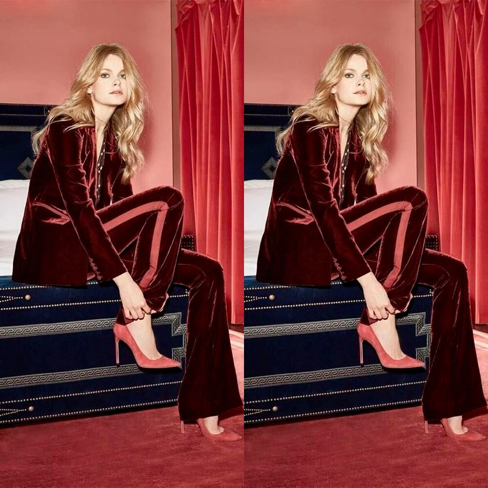 Costume blazer bordeaux en daim pour femme, coupe slim, tenue de soirée, de mariage, 2 pièces 