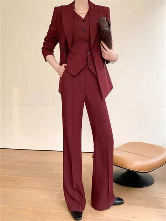 Elegant Burgundy 3-Piece Suit Set for Women - Spring Office Attire with Double-Breasted Blazer, Stylish Vest, and Wide Leg Trousers