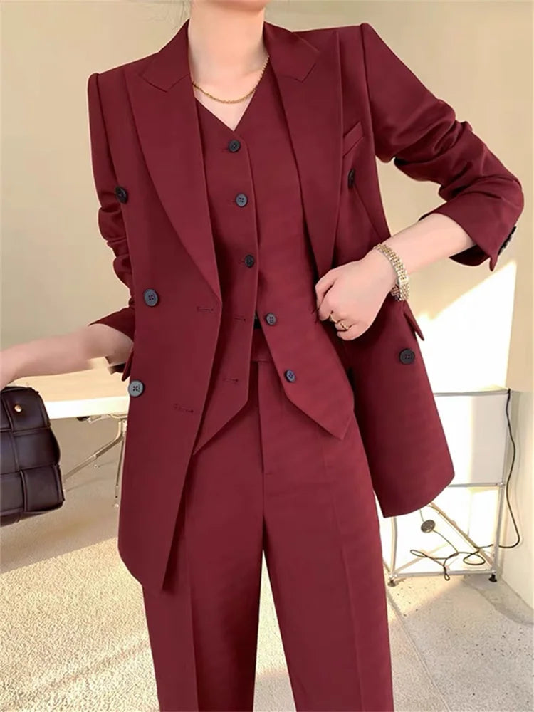 Elegant Burgundy 3-Piece Suit Set for Women - Spring Office Attire with Double-Breasted Blazer, Stylish Vest, and Wide Leg Trousers