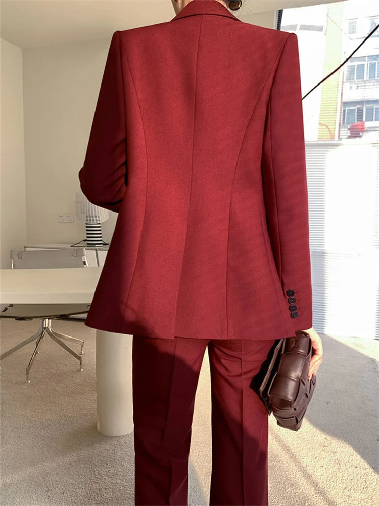 Elegant Burgundy 3-Piece Suit Set for Women - Spring Office Attire with Double-Breasted Blazer, Stylish Vest, and Wide Leg Trousers