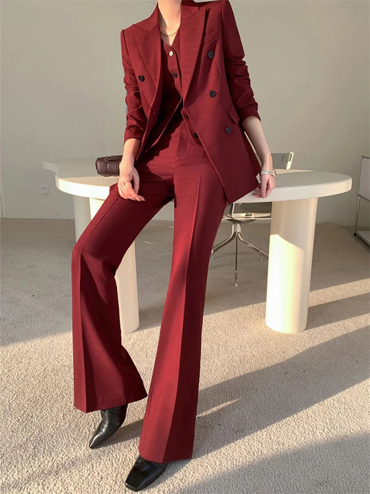 Elegant Burgundy 3-Piece Suit Set for Women - Spring Office Attire with Double-Breasted Blazer, Stylish Vest, and Wide Leg Trousers