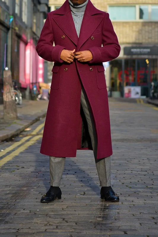 Burgundy Tweed Wool Men Long Coat Winter Warm Groom Party Prom Jacket Business Wear Outfit One Suit