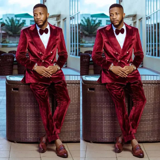 Burgundy Velvet Groom Wedding Tuxedos Mens Party Prom Pants Suits Coat Business Wear Outfit 2 Pieces