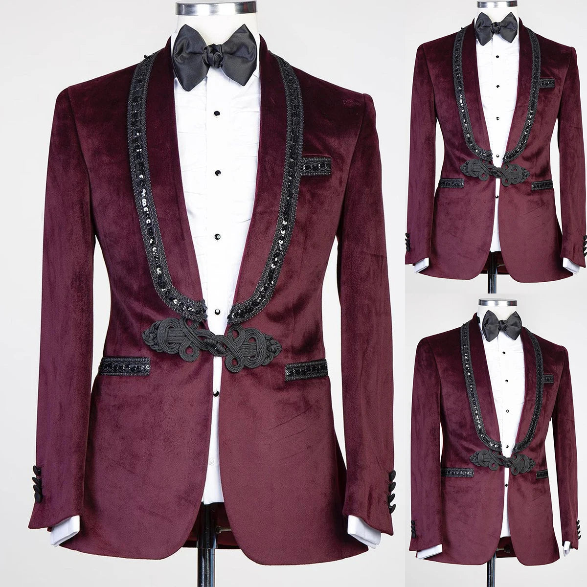 Trajes de terciopelo burdeos para hombre, corte entallado, con cuentas, para fiesta de graduación, boda, novio, esmoquin, 2 piezas, traje para hombre, blazer, pantalones negros