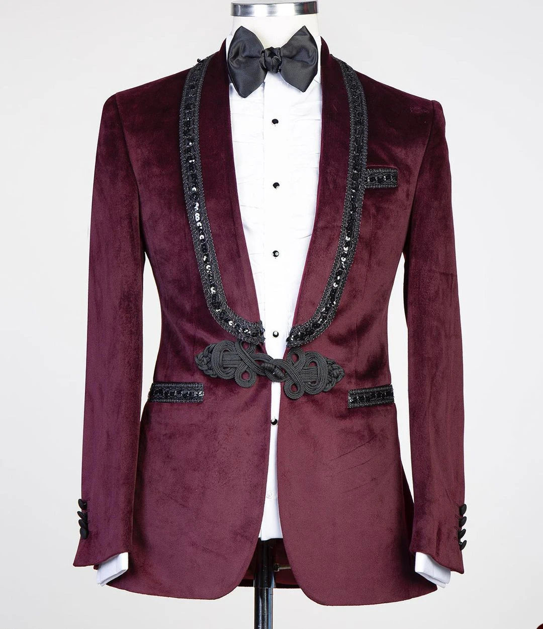 Trajes de terciopelo burdeos para hombre, corte entallado, con cuentas, para fiesta de graduación, boda, novio, esmoquin, 2 piezas, traje para hombre, blazer, pantalones negros