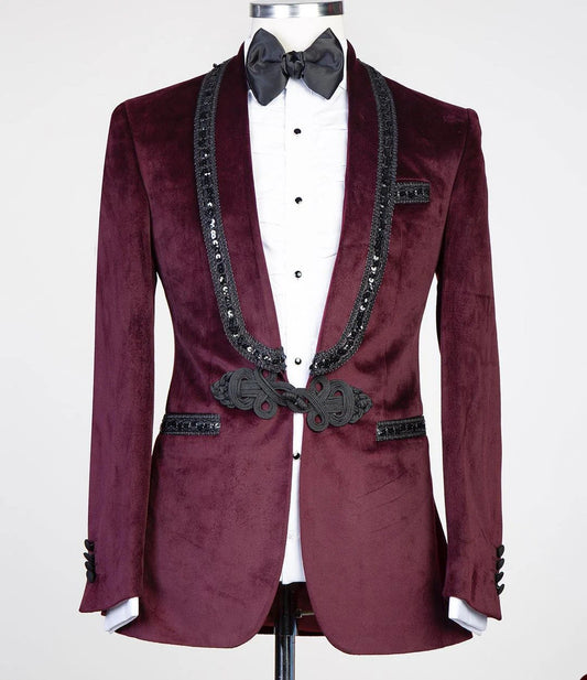 Burgundy Velvet Suits For Men Slim Fit Beading Prom Party Wedding Groom Tuxedos 2 Pcs Costume Homme Blazer Black Pants