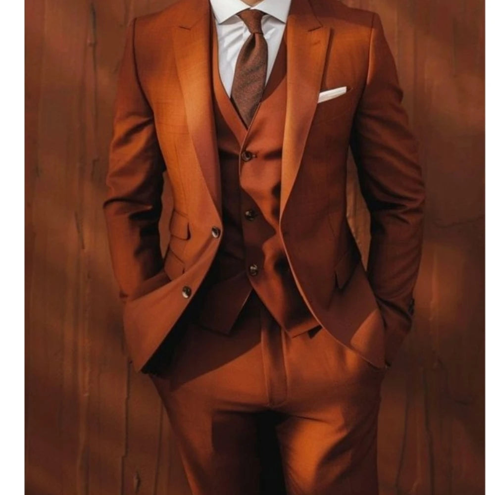 Costumes de mariage sur mesure orange brûlé 3 pièces (veste + gilet + pantalon) smoking sur mesure coupe slim revers en pointe marié bal banquet costume