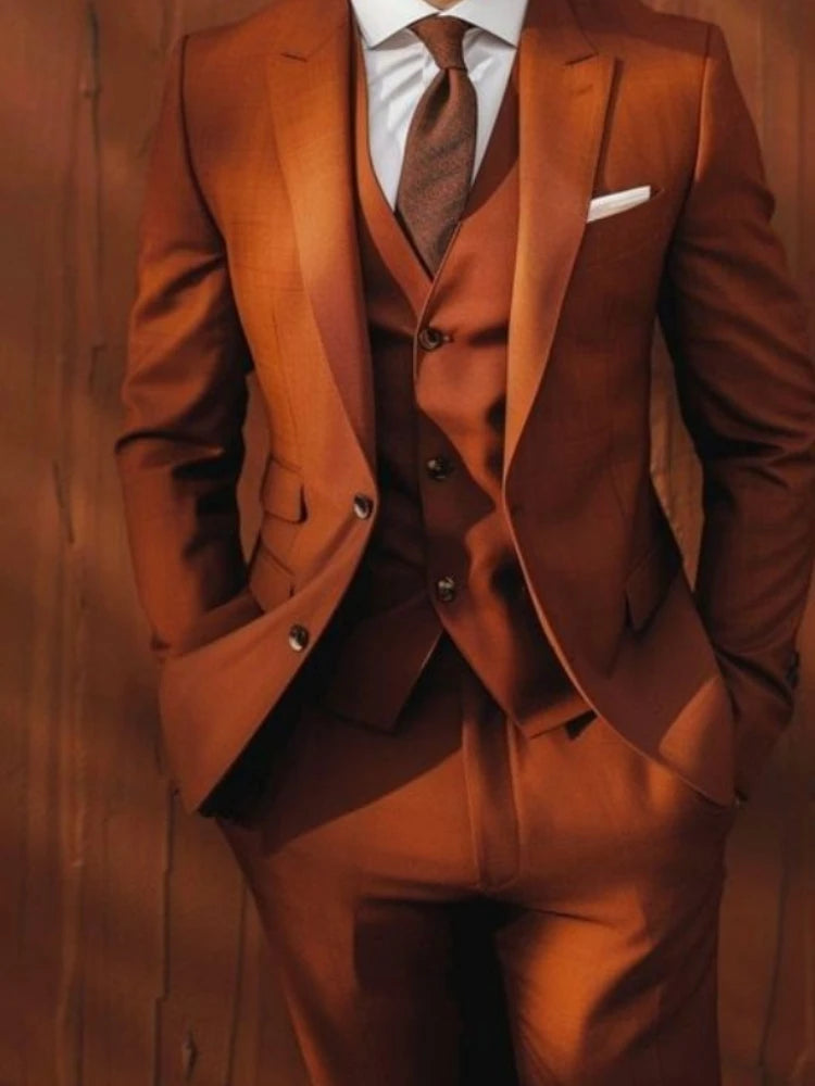 Costumes de mariage sur mesure orange brûlé 3 pièces (veste + gilet + pantalon) smoking sur mesure coupe slim revers en pointe marié bal banquet costume