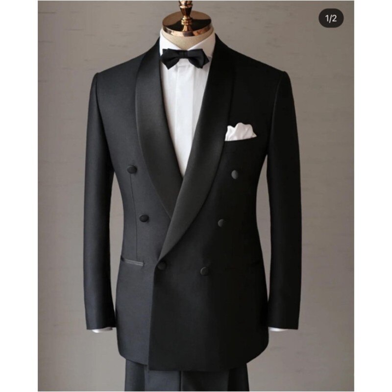 Costume d'affaires noir à revers châle pour homme, coupe slim, 2 pièces, costume de marié pour homme, tenue décontractée, ensemble blazer et pantalon 
