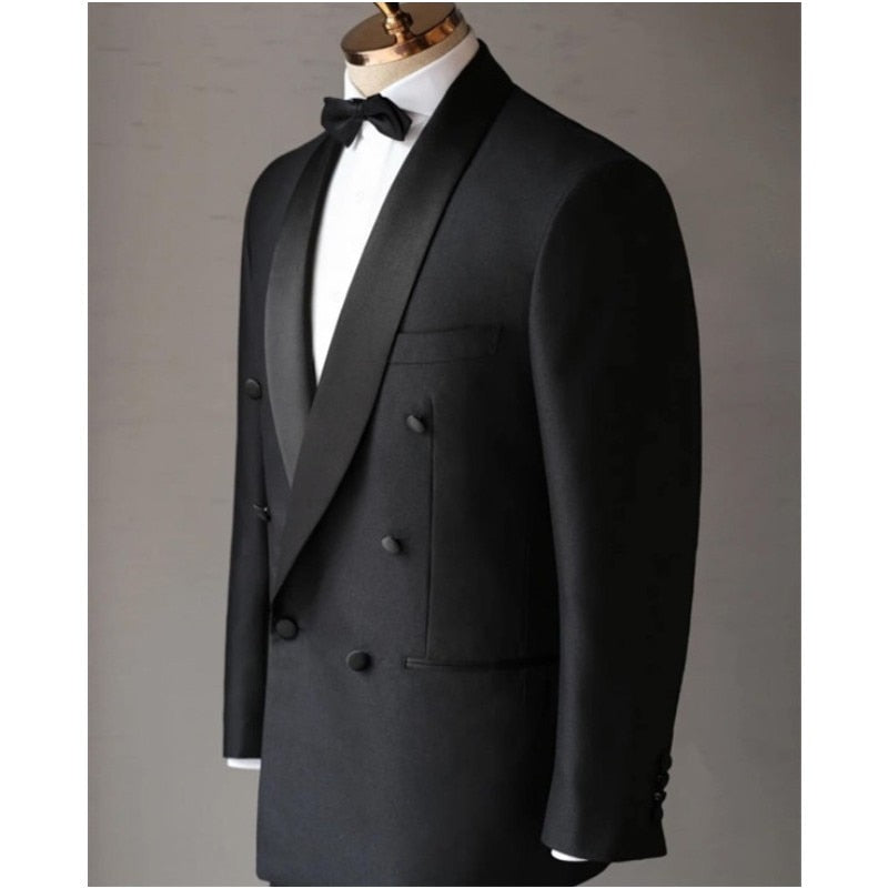 Costume d'affaires noir à revers châle pour homme, coupe slim, 2 pièces, costume de marié pour homme, tenue décontractée, ensemble blazer et pantalon 