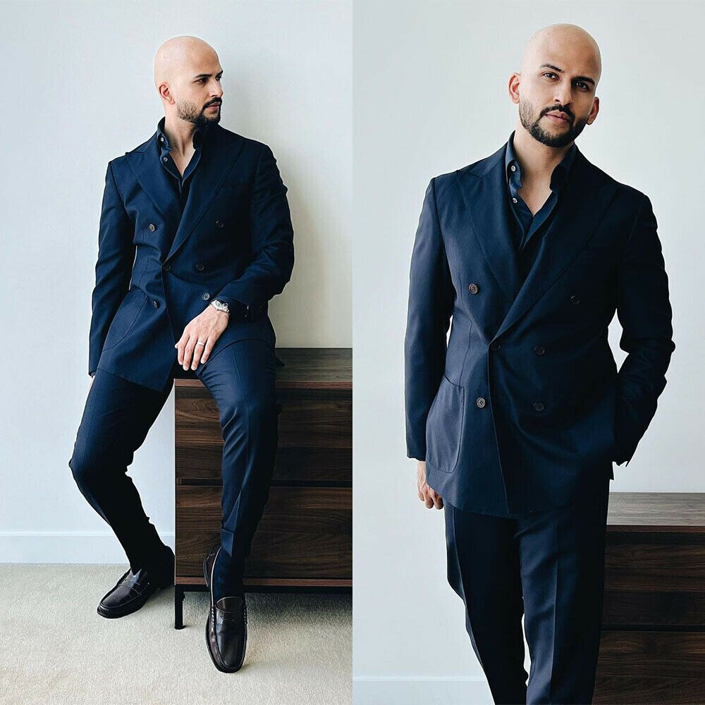 Costume d'affaires bleu marine pour homme, croisé, 2 pièces, revers en pointe, pour mariage 