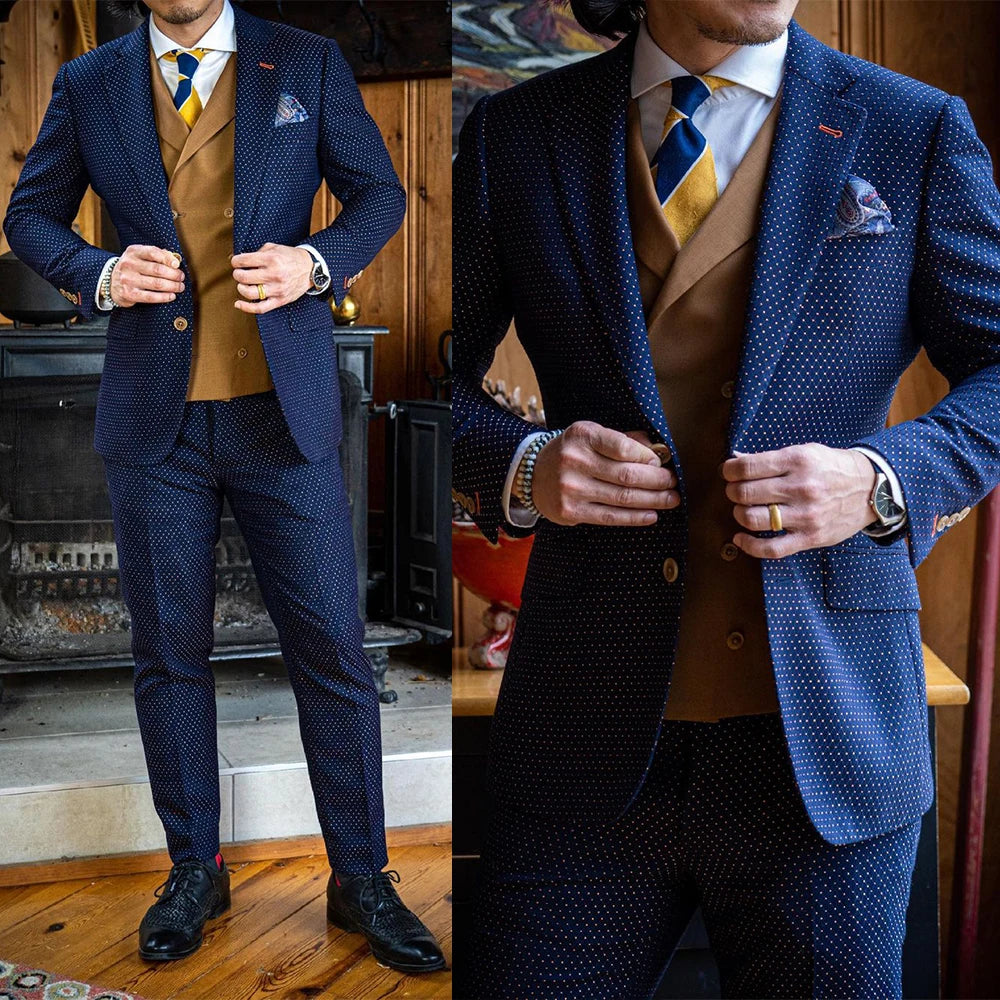 Business Men Suits Blue Wave point Tailor-Made 2 Pieces Wedding Groom Costume Homme Formal Prom Fashion Customized