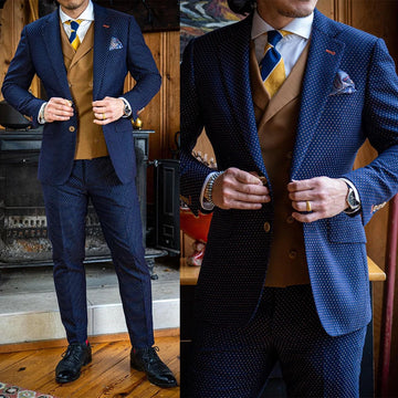 Business Men Suits Blue Wave point Tailor-Made 2 Pieces Wedding Groom Costume Homme Formal Prom Fashion Customized