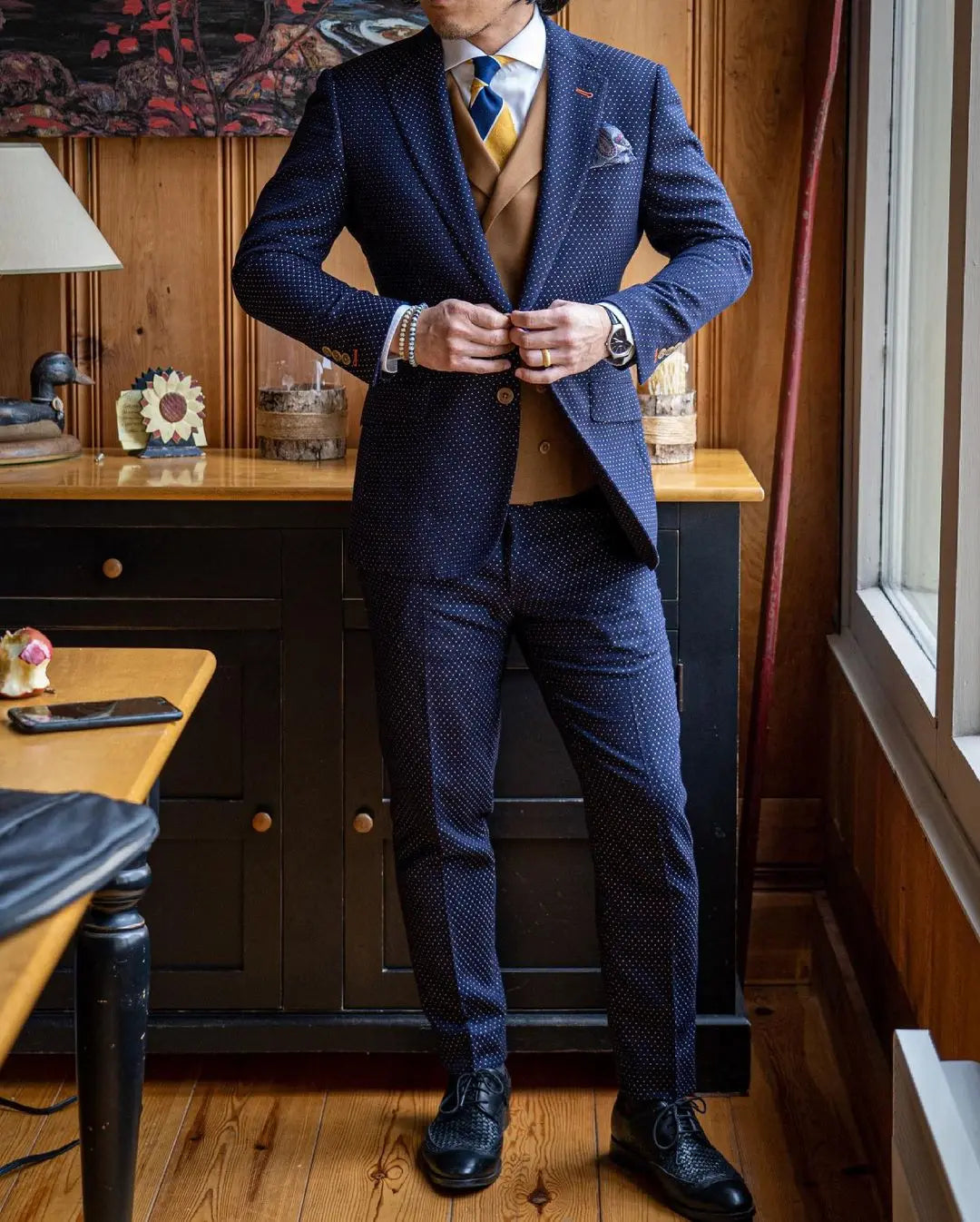Business Men Suits Blue Wave point Tailor-Made 2 Pieces Wedding Groom Costume Homme Formal Prom Fashion Customized