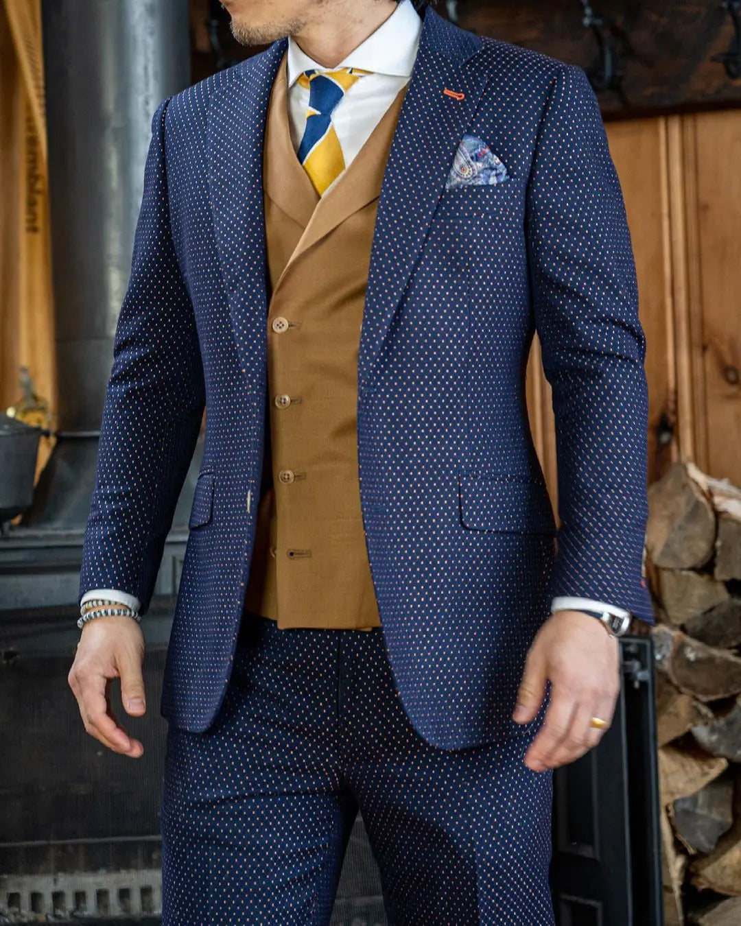 Business Men Suits Blue Wave point Tailor-Made 2 Pieces Wedding Groom Costume Homme Formal Prom Fashion Customized