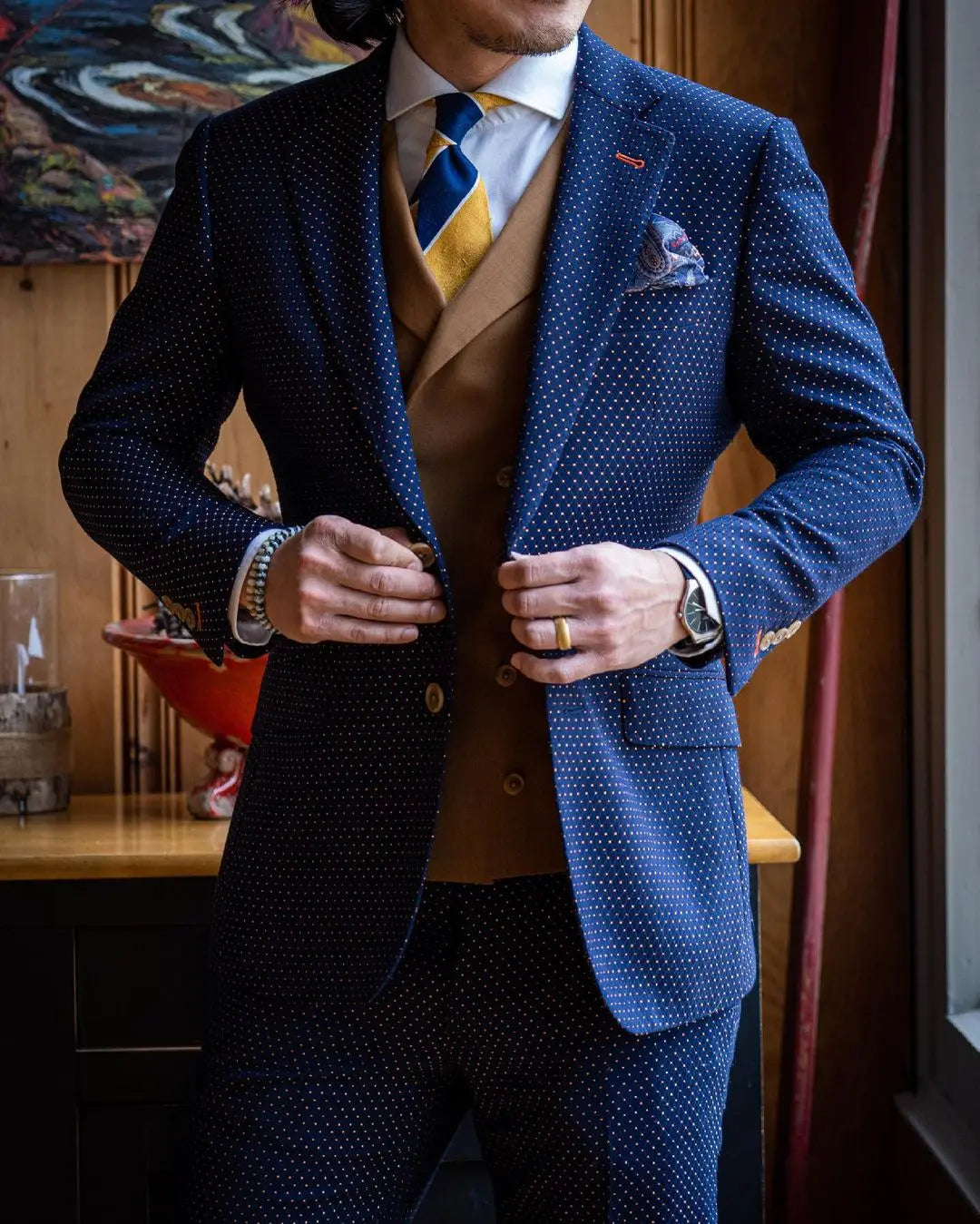 Business Men Suits Blue Wave point Tailor-Made 2 Pieces Wedding Groom Costume Homme Formal Prom Fashion Customized